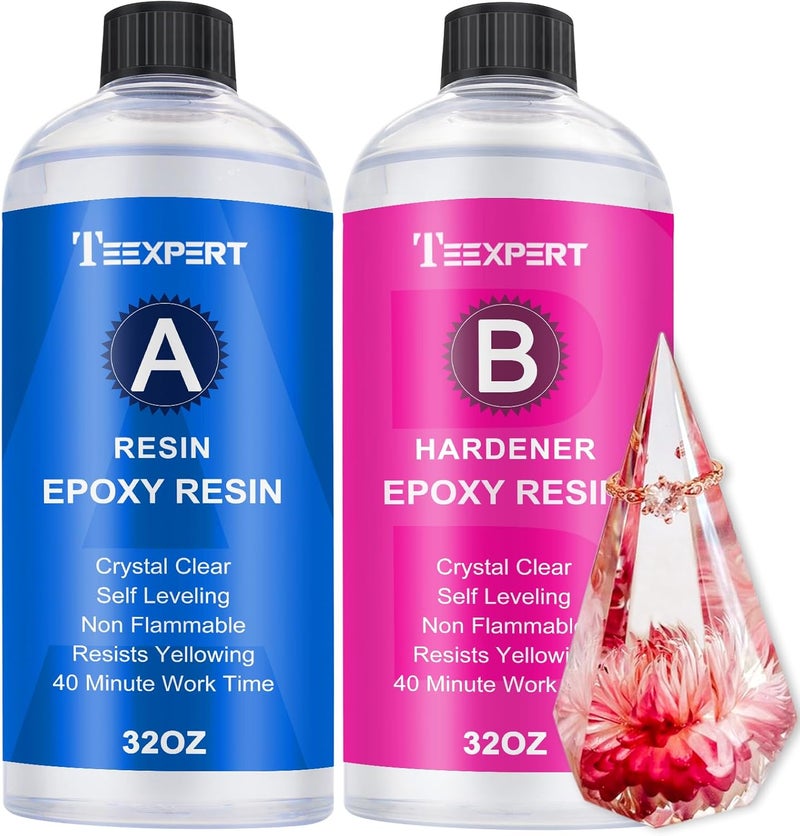 Teexpert Epoxy Resin Crystal Clear: 64OZ Epoxy Resin kit Fast Curing Heat Resistant for Casting Coating Art DIY Craft Jewelry Wood Table Top Flower Preservation- 2 Part(32OZ Resin and 32OZ Hardener) - Image 1